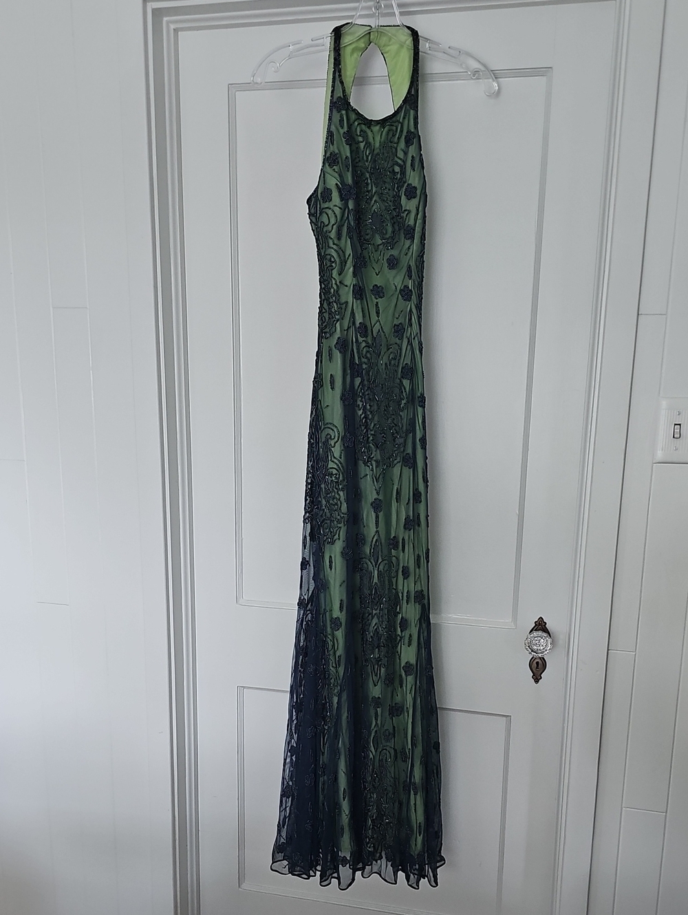 VINTAGE! "Sean Collection", Lime Green Lined Evrning Dress w/ Hand Navy Beading